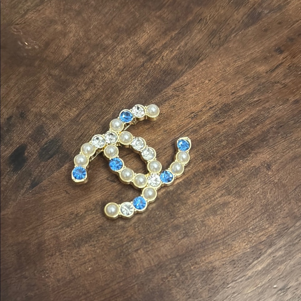 CC Boutique Gold Brooch with Blue and Pearl Accents